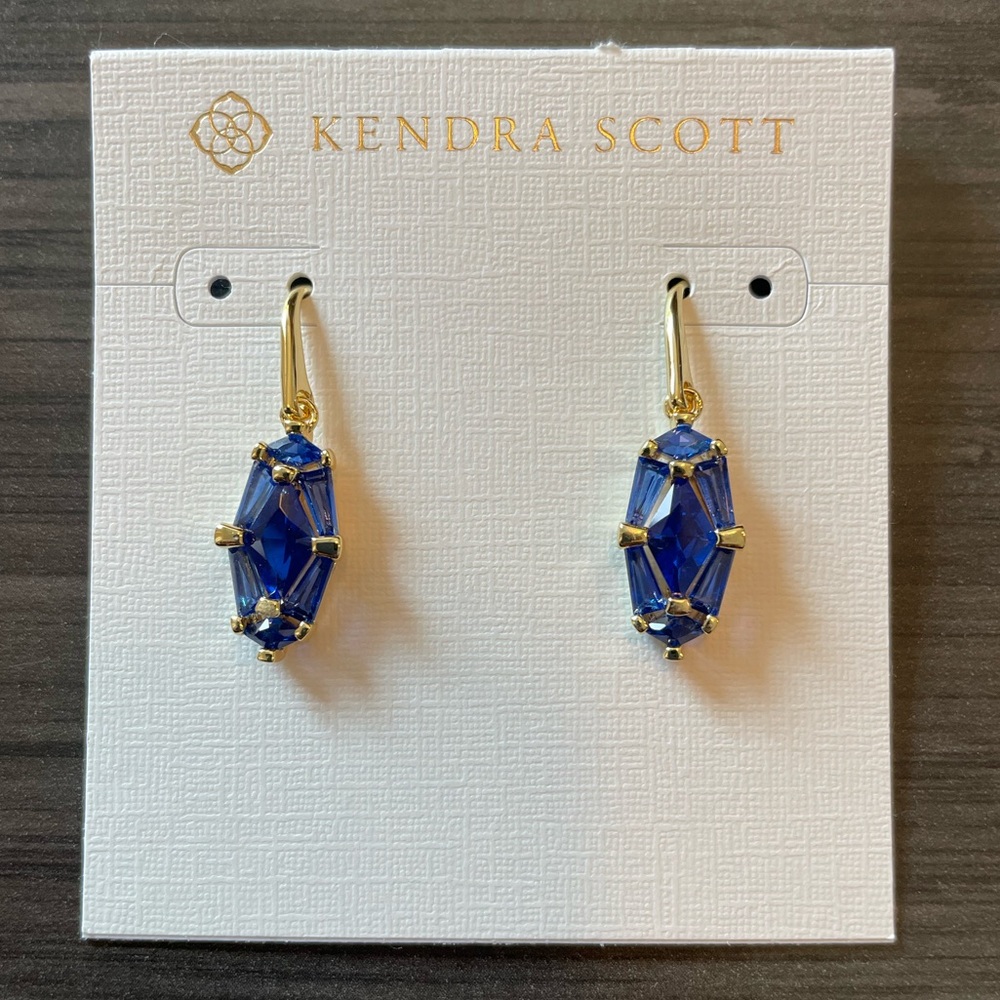 Kendra Scott Blue and Gold Drop Earrings with Sapphire-Colored Stones